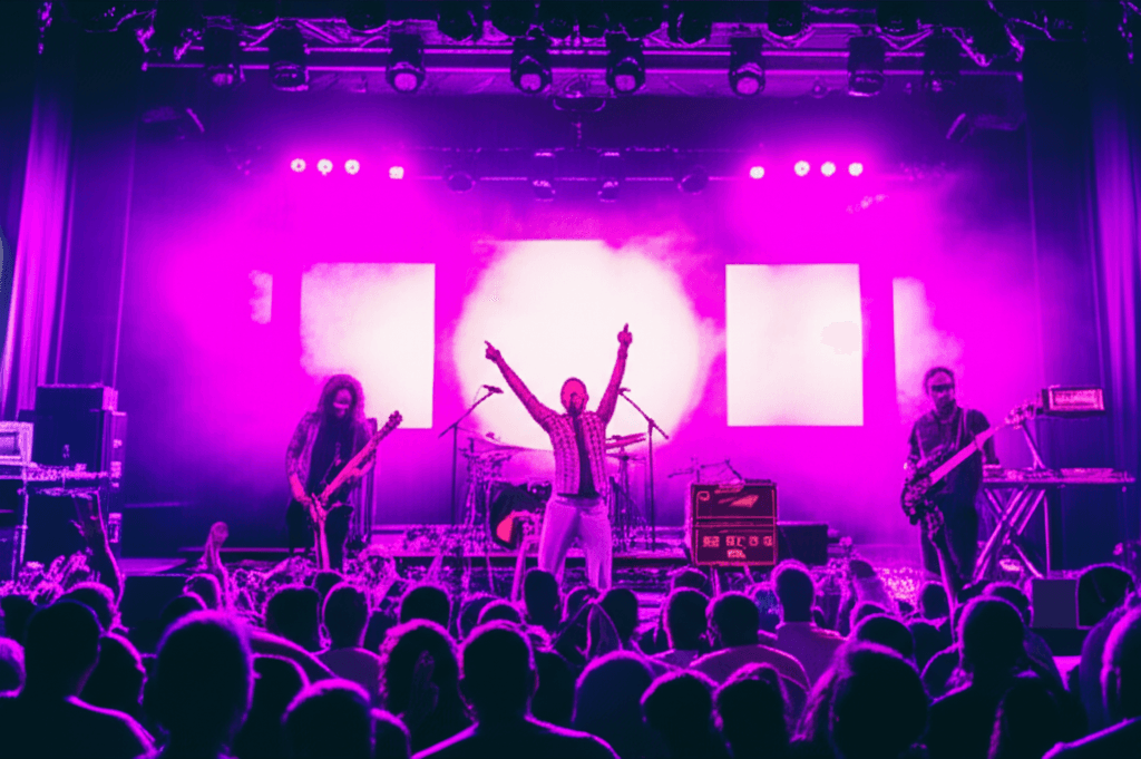 Live band performing on stage with vibrant lights