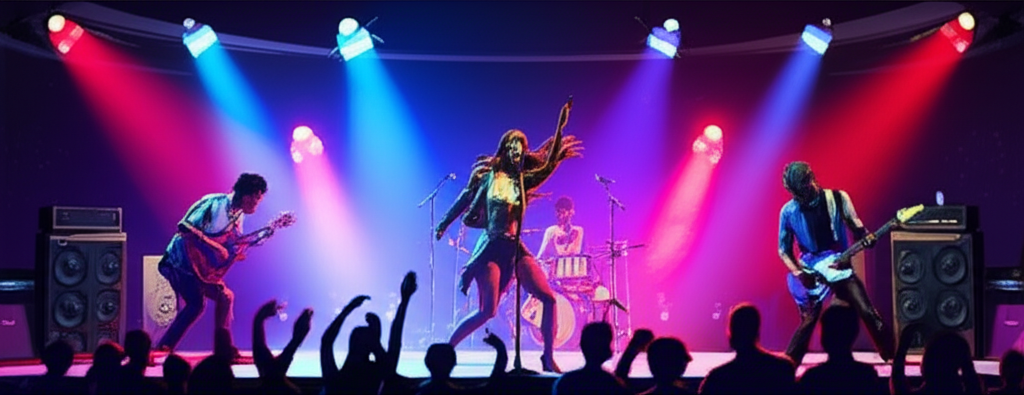 Band performing on a vibrant stage