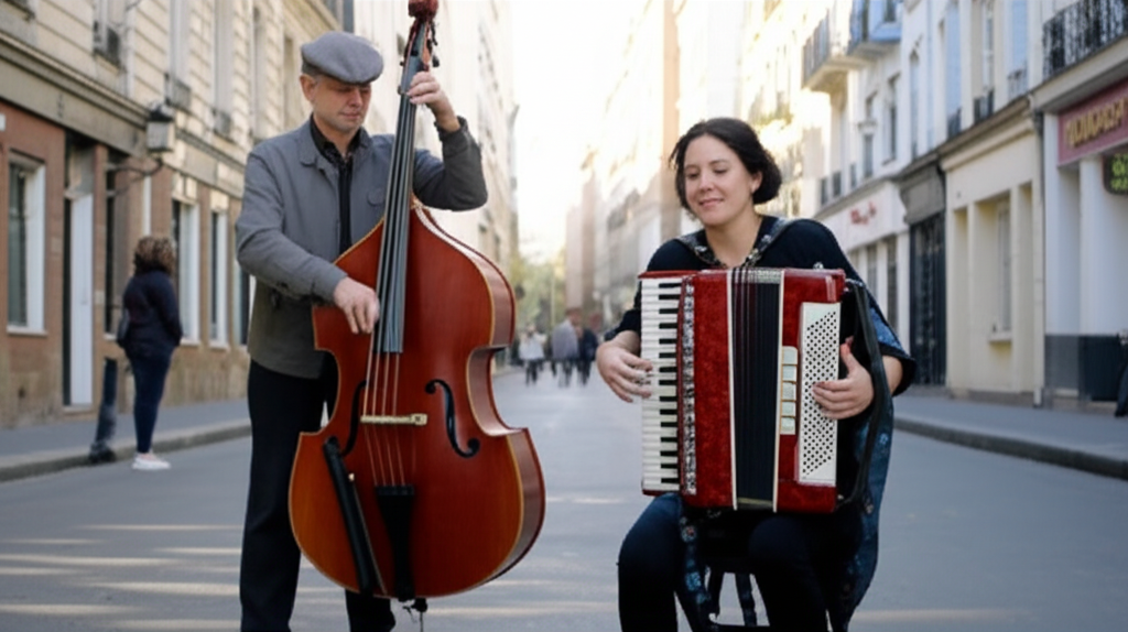 Acoustic trio playing by the Seine